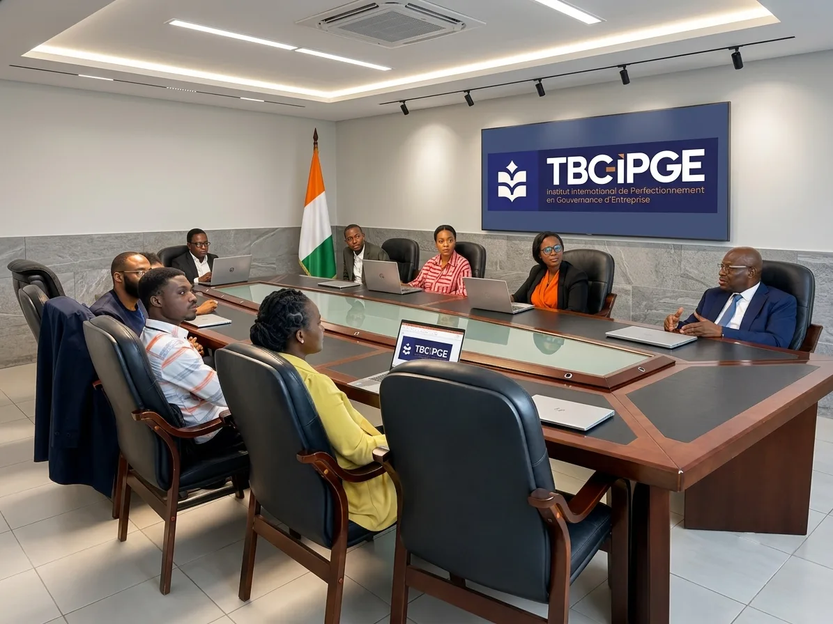 Équipe en réunion de gouvernance dans une salle de conseil TBC-IPGE